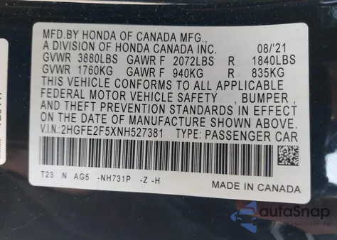 2022 Honda Civic Sport z USA, uszkodzony, nr VIN 2HGFE2F5XNH527381